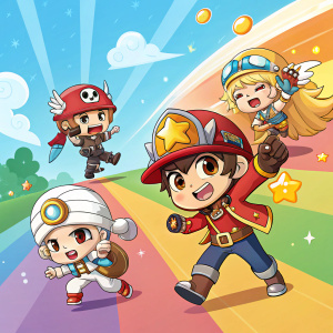 A vibrant digital art piece showcasing various characters from MapleStory 2. Each character wears distinct outfits and accessories. The characters are engaged in dynamic poses and actions, set against a bright and colorful background.