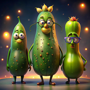 3 pepinos con lentes y poses de moda uno flaco y alto otro gordito alto y otro gordito y bajo, graciosos y caricatura