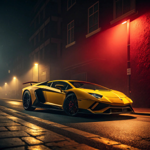 Digital art of a sleek, yellow Lamborghini Aventador SV on a dimly lit street at night. Gradient background with hints of red and yellow. Dramatic lighting highlighting the car's sporty design.