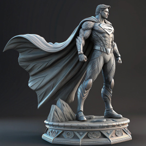 Digital art render of Superman, cyborg version from DC Comics New 52. Standing dynamic pose with flowing cape. Gray color palette with texture and shading. On pedestal with intricate details.