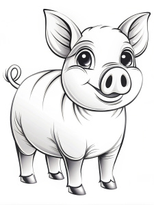 a black and white cartoonish outline image of a pig, side view, black ink on white background, no shading, no color, cute, minimalistic