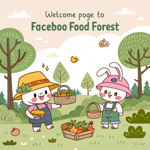Niwamori Food Forest Nara, Facebook page. Welcoming cartoon characters in pastel colors, promoting organic farming and community engagement.