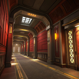 3D art concept for Star Wars: Old Republic. Hallway with deep red, brown, and gray tones. Illuminated by warm, golden light