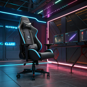 Advanced gaming chair by Newskill, Takamikura. Futuristic setting, neon lights and sleek design. Focus on ergonomics and gaming experience.