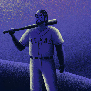 Rougned Odor, Hispanic baseball player, standing confidently in a Texas Rangers jersey. Blue background with his focused expression. Stylish beard and batting gear