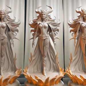 Fantasy character Lunara Build in digital 3D rendering. Depicted in multiple dynamic poses. Detailed horns and flowing hair. Backdrop is pitch black.