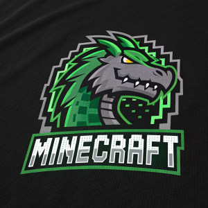 Green and gray Minecraft-style creature logo on black background with pixelated squares and bold font