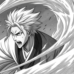 Bleach manga panel, intricate black and white illustration. Close-up of a character with fierce expression, surrounded by swirling energy and dramatic shading.