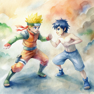 Naruto lutando com Huck estilo desenho animado