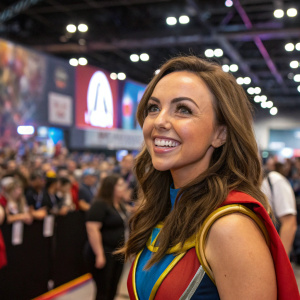 Louisa Lytton, with a friendly smile, in a colorful costume, at a bustling comic-con convention.