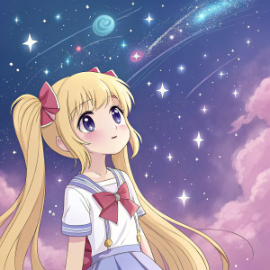 Digital artwork featuring a cute anime girl with long blonde pigtails. She has a sweet, innocent face. She's standing in front of a vibrant, cosmic background filled with swirling galaxies and stars.