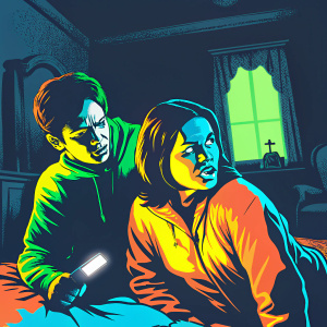 John Cho and Brianna Hildebrand in a tense scene from 'The Exorcist'. Dark and ominous atmosphere. The room is dimly lit with flickering lights