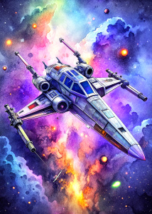  space ship  x-wing of Star Wars,  ultra detailed comic ,style pop art, style, graffiti style, style watercolor, black background, ready for print t-shirt, style art fabric
RasterIllustrationlevel of detail:extreme , x-wing level of detail extreme

