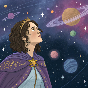 Digital illustration of Natasha de Gracia, Dame Fortuna. Set against a vibrant cosmos backdrop filled with stars, planets, and nebulae. Fantasy-themed attire and surroundings.
