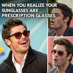Zac Efron in a series of comical poses, with the caption 'when you realize your sunglasses are处方眼镜'. A playful, collage-style meme.
