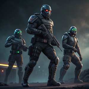 Digital art concept of Alpha Squad 5. Futuristic, muscular characters in sleek tactical gear. Dark, moody backdrop.