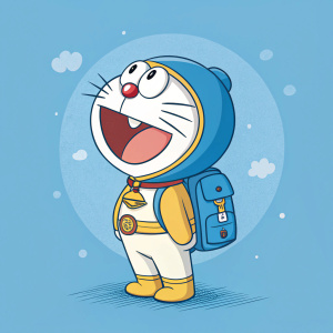 Digital art of Doraemon, the beloved cartoon character. Happy smile. Blue background