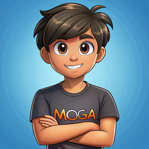 una persona joven animada cruzada de brazos que tenga una remera que diga: MOGA