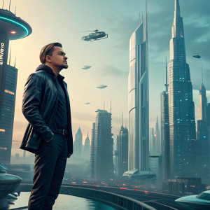 Digital art piece featuring Leonardo DiCaprio in a futuristic cityscape.