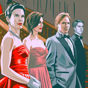 Hilary Swank, Chad Lowe, Julianna Margulies, and Ron Eldard at the Golden Globe Awards. They are dressed in elegant evening wear.