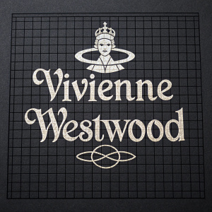 Stylized Vivienne Westwood logo in a grid pattern, classic script font, on black background.