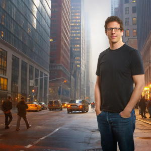Andy Samberg, donning a casual yet stylish outfit, black t-shirt and jeans, stands against a bustling New York street background. The vibrant energy of the cityscape contrasts with his relaxed pose.