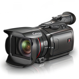 Canon Vixia HF G40 camcorder. Sleek, modern black design. Large angled viewfinder with prominent lens. Brand logo Canon displayed