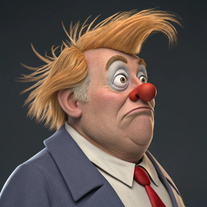 Digital 3D render of Donald Trump as a cartoon character, with exaggerated features and comical hairstyle.