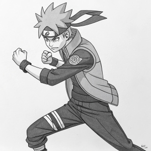 Pencil drawing of Boruto character Thorn-Lee. Anime-style fighting pose. Determined expression