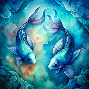A detailed silhouette of two fish swimming in opposite directions, with intricate patterns and symbols adorning their bodies and the water. Sketchnote art style, with bold lines and a dark background. Soft blue and green colors.