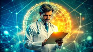  Medical technology, innovation health and medical research, healthcare and medicine concept. Doctor or technician working with AI data analysis, lab experiment, data science