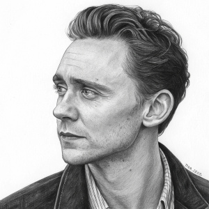 A detailed charcoal drawing of Tom Hiddleston, Caucasian male, medium build, short styled hair, focused expression.