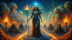 Hecate strides through the crossroads of destiny with silent purpose, her torches blazing a trail through the darkness as she guides souls towards their ultimate destination.