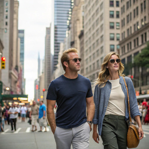 Scott Caan and Kacy Byxbee stroll through a busy city street. Wearing casual outfits, they walk past bustling crowds and towering buildings.