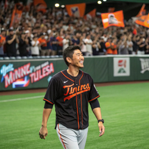 Kurt Suzuki, wearing a black and orange Minnesota Twins jersey, on a vibrant green baseball field. Fans in the stands, cheering loudly