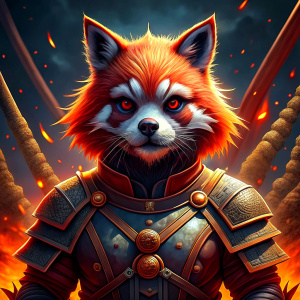 red panda raging with the devil horns from the darksouls, with a sword