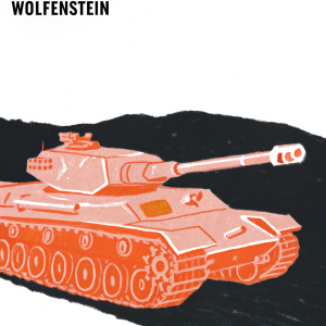 A highly detailed concept art of a futuristic tank from the Wolfenstein universe. The tank is painted in a sleek matte grey with intricate details such as control panels and weapon systems clearly visible. The dark background emphasizes the tank's imposing presence. Wolfenstein logo prominently displayed.