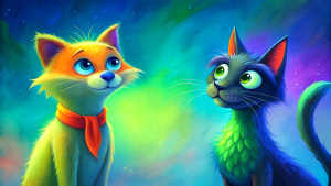 A cartoonish skinny hairy cat and dog, looking each other with big round eyes, black ears and light brown fur.
they wears a red and blue scarf with white polka dots tied around his neck.
Their eyes are very expressive, giving a friendly and curious feeling.
The visible texture suggests that the work is painted on old wood background.
It is a very colorful and cheerful artistic painting