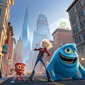 Movie poster featuring the main characters of Monsters vs. Aliens. Cityscape in background, colorful and vibrant.