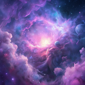 The background is a cosmic pale light purple haze, the energy field