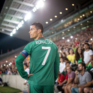 Cristiano Ronaldo, in a green jersey with star logo and number 7, poses for a photo at a packed stadium. Fans in the background are blurred.