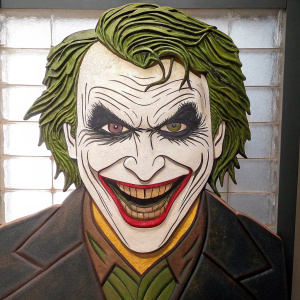 A detailed close-up of the Joker from Batman comics. His wild grin and green hair stand out against a white backdrop