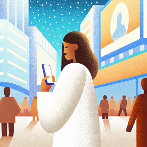 A young Asian woman, in a cozy white sweater, is absorbed in her smartphone in the bustling, vibrant Times Square at night.
