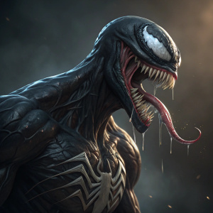 Digital art render of Venom, the Marvel Comics character. Menacing expression, sharp teeth, long translucent tongue. Dark background with dramatic lighting