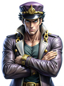 Jotaro Kujo - The protagonist of the series, he possesses the Stand "Star Platinum," known for its incredible precision and formidable power. Jotaro Kujo from "JoJo's Bizarre Adventure" strikes a classic pose with his arms crossed and a stern look, embodying the strength of his Stand.