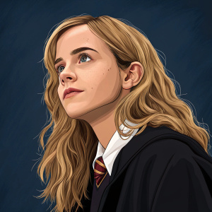 Digital portrait of Hermione Granger from Harry Potter, created using Adobe Illustrator CC. Fair skin, long blonde hair, thoughtful look. Wears black jacket with collar. Dark blue background, detailed illustration style.