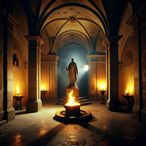 cinematic shot, dark underground room with contour lighting, renaissance statue, fire around the statue, renaissance style