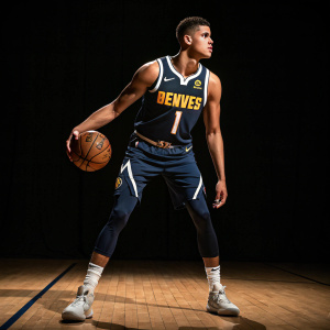 Michael Porter Jr., NBA player, wearing Denver Nuggets jersey. Dark court background, focused expression, ball in hand, standing in a dynamic pose.