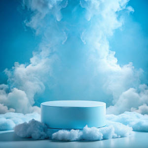 light blue background with a product podium surrounded by light blue clouds. Smoke, fog, steam background