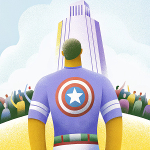 Chris Evans wearing a Captain America t-shirt. Blue, white, and red colors. Stark Tower behind him. Fans cheering.